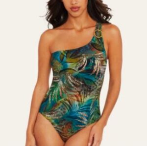 AMORESSA By MIRACLESUIT Camaroon Tellicherry Tropical One-Shoulder Swimsuit 6